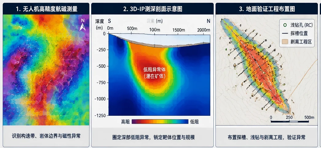 Drone magnetic surveying and 3D-IP layout used to constrain buried anomalies and future drill placement.
