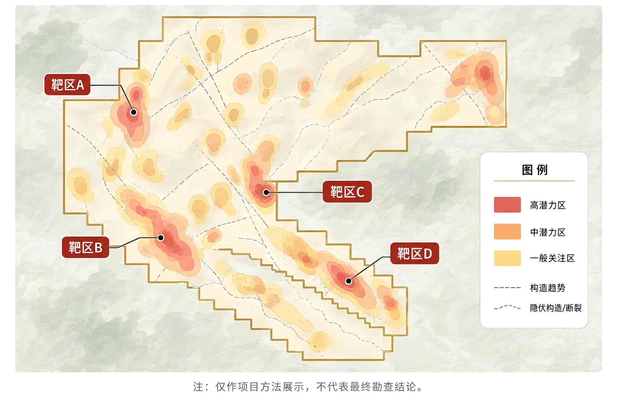老挝某 199 km² 大型矿权 AI 金矿潜力预测示意图。