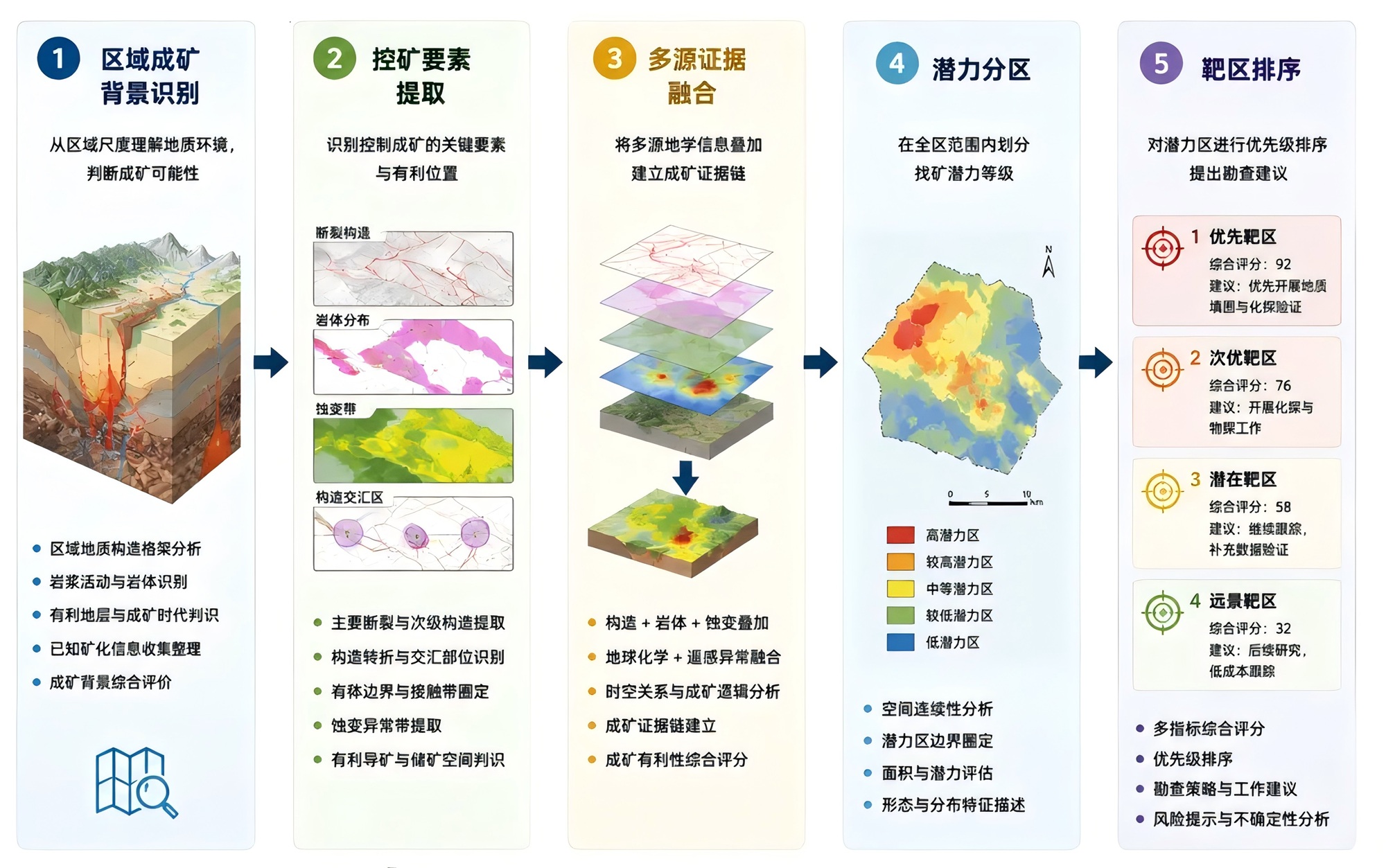 AI 找矿流程:从区域认知到靶区排序。