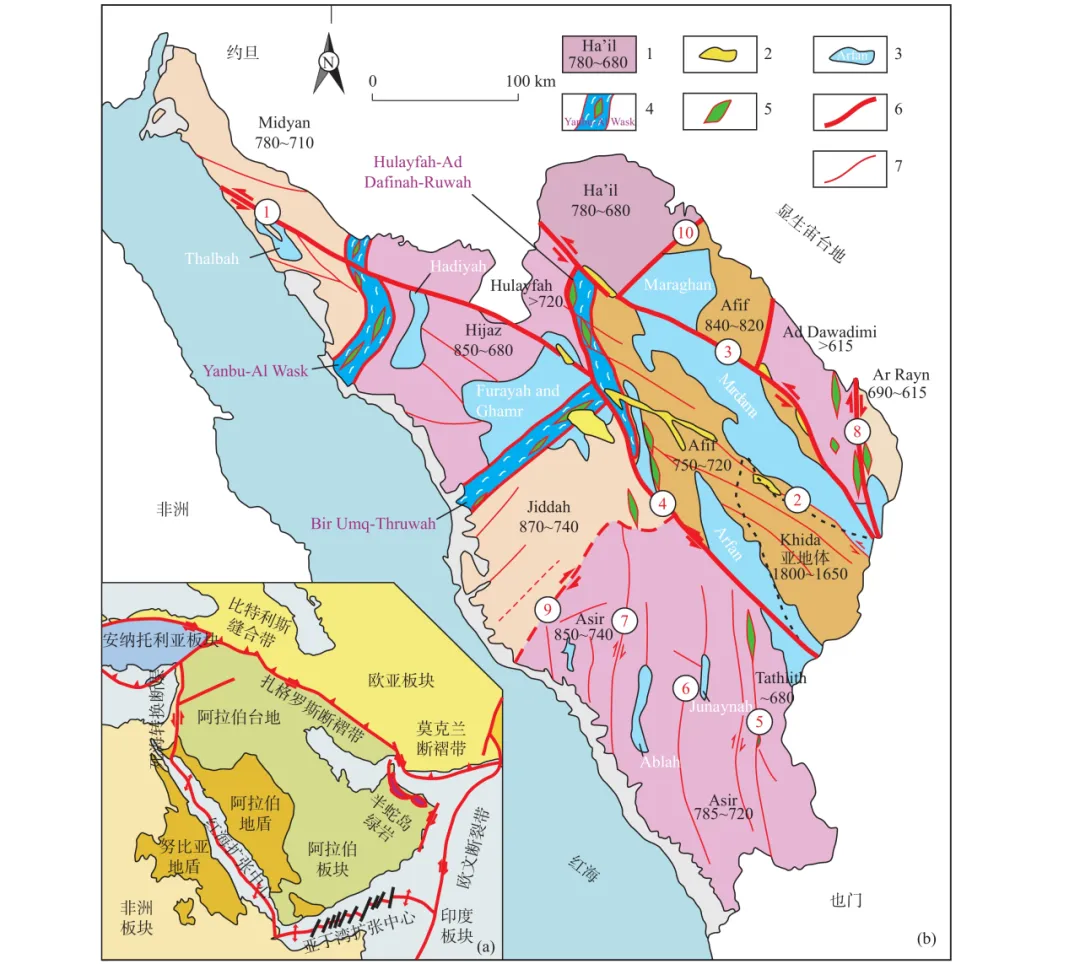 Arabian Plate tectonic setting and structural subdivision of the Arabian Shield.