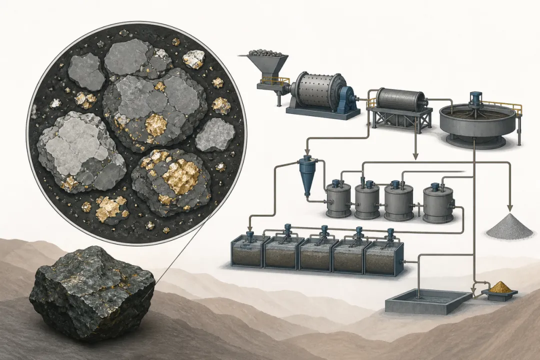 Locked gold in sulphides and the more complex flowsheet required for refractory ore.