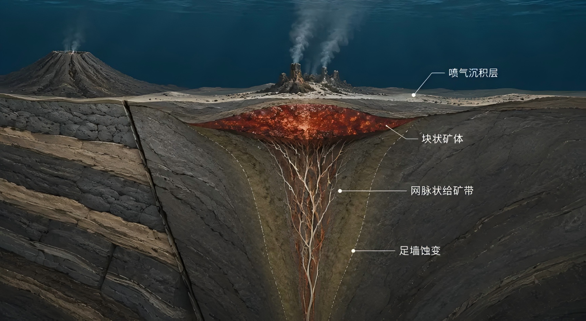 Schematic of a submarine volcanic-hydrothermal system.