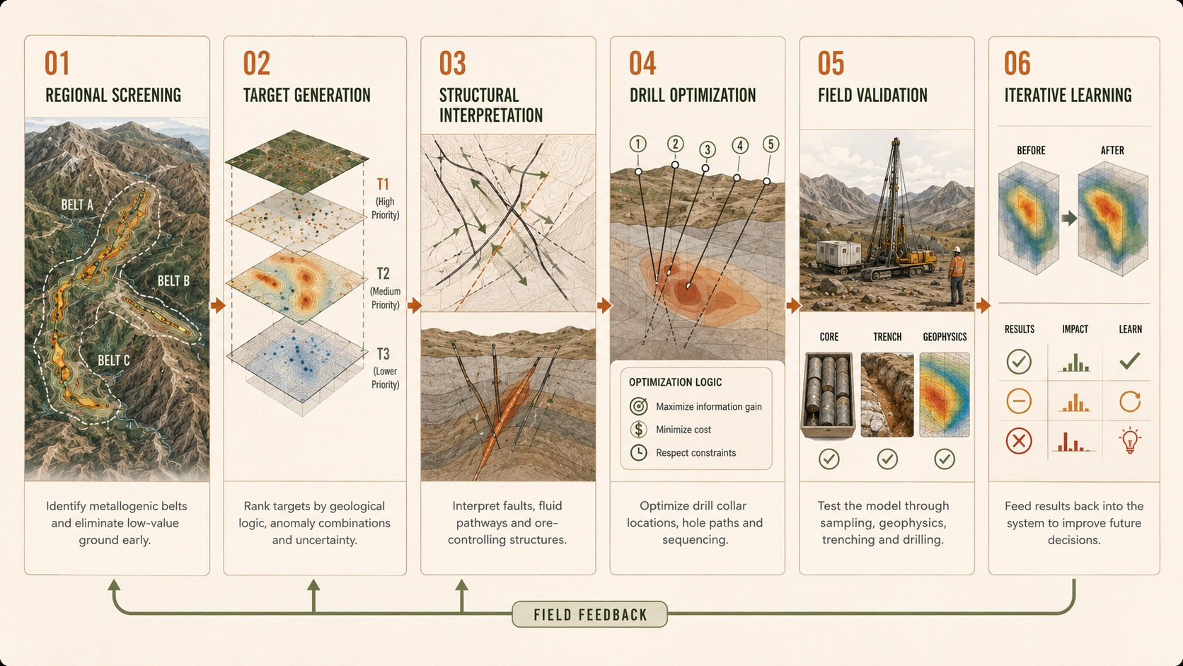 A full-stack AI exploration workflow from regional screening to field feedback.